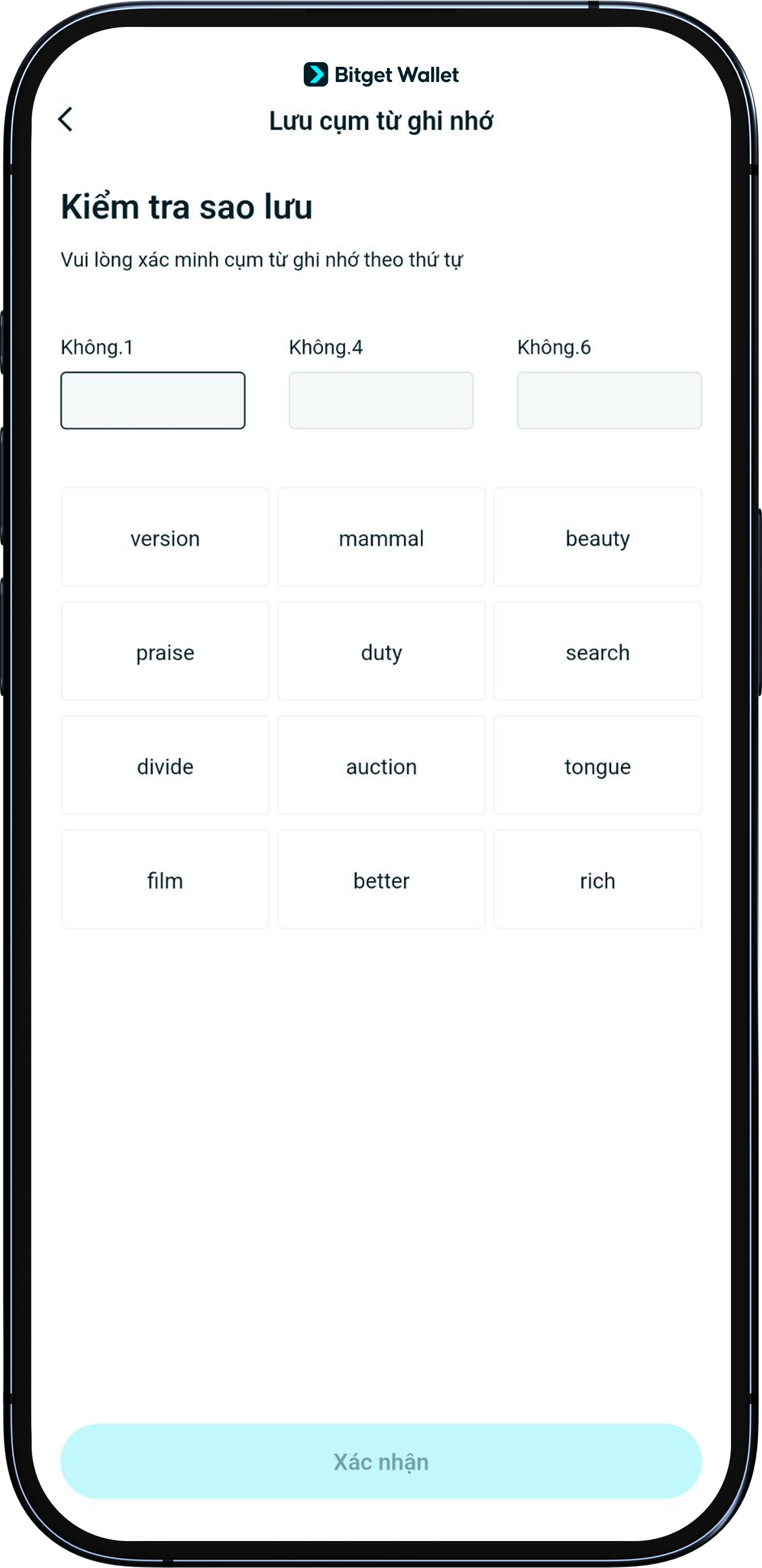 Xác nhận thứ tự chính xác của cụm từ hạt giống của bạn