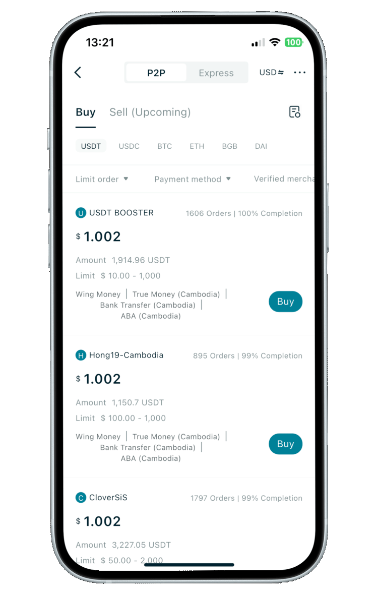 Elige la moneda de pago y el token que quieres comprar