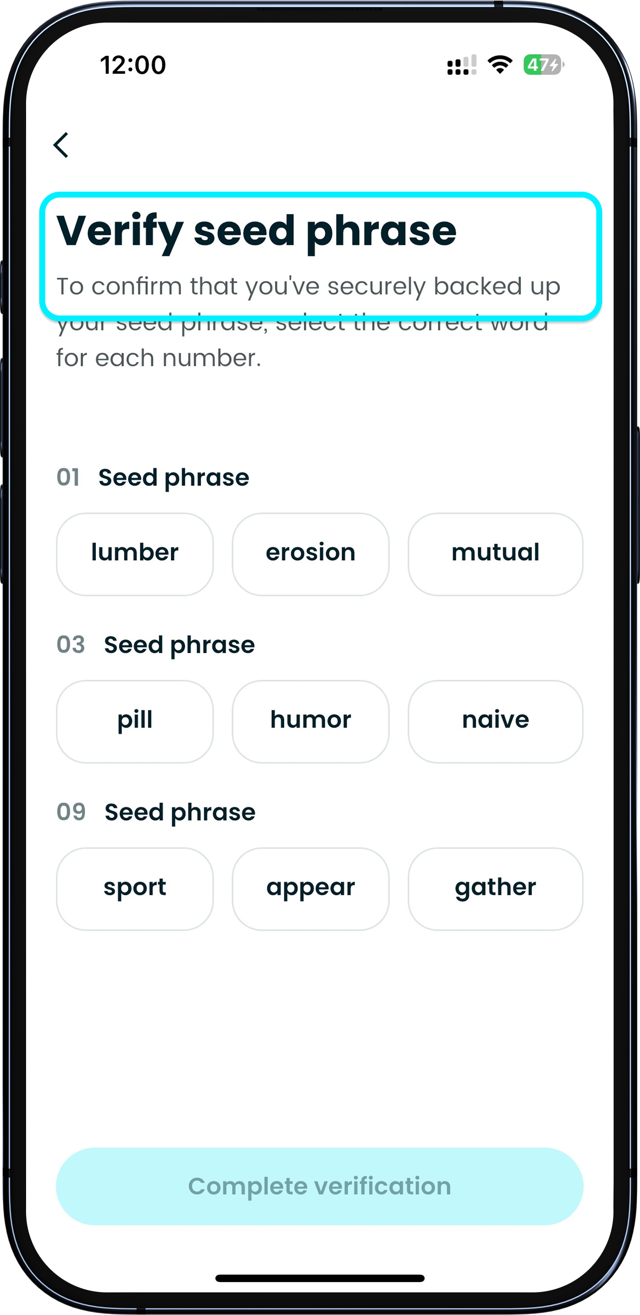 Bestätigen Sie die richtige Reihenfolge Ihrer Seed-Phrase