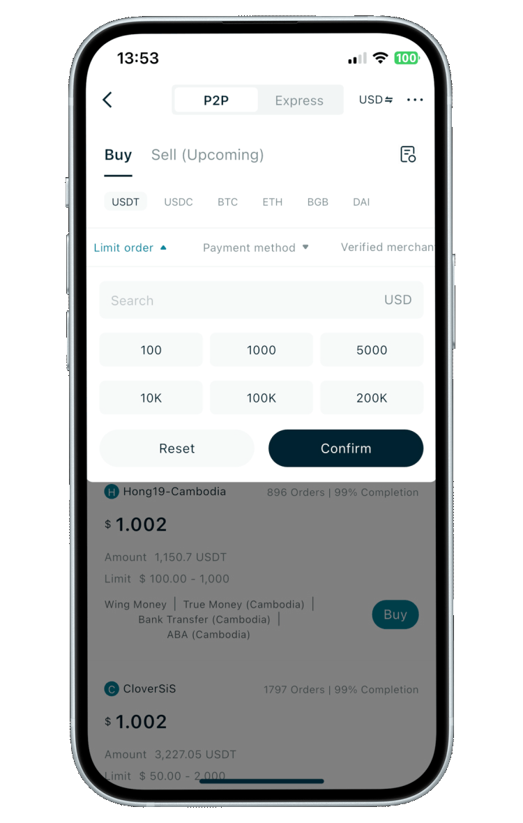 Filtra las órdenes P2P
