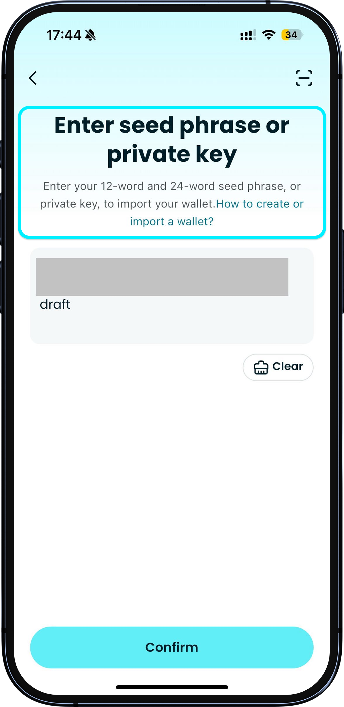 Mit Seed-Phrase / Private Key importieren