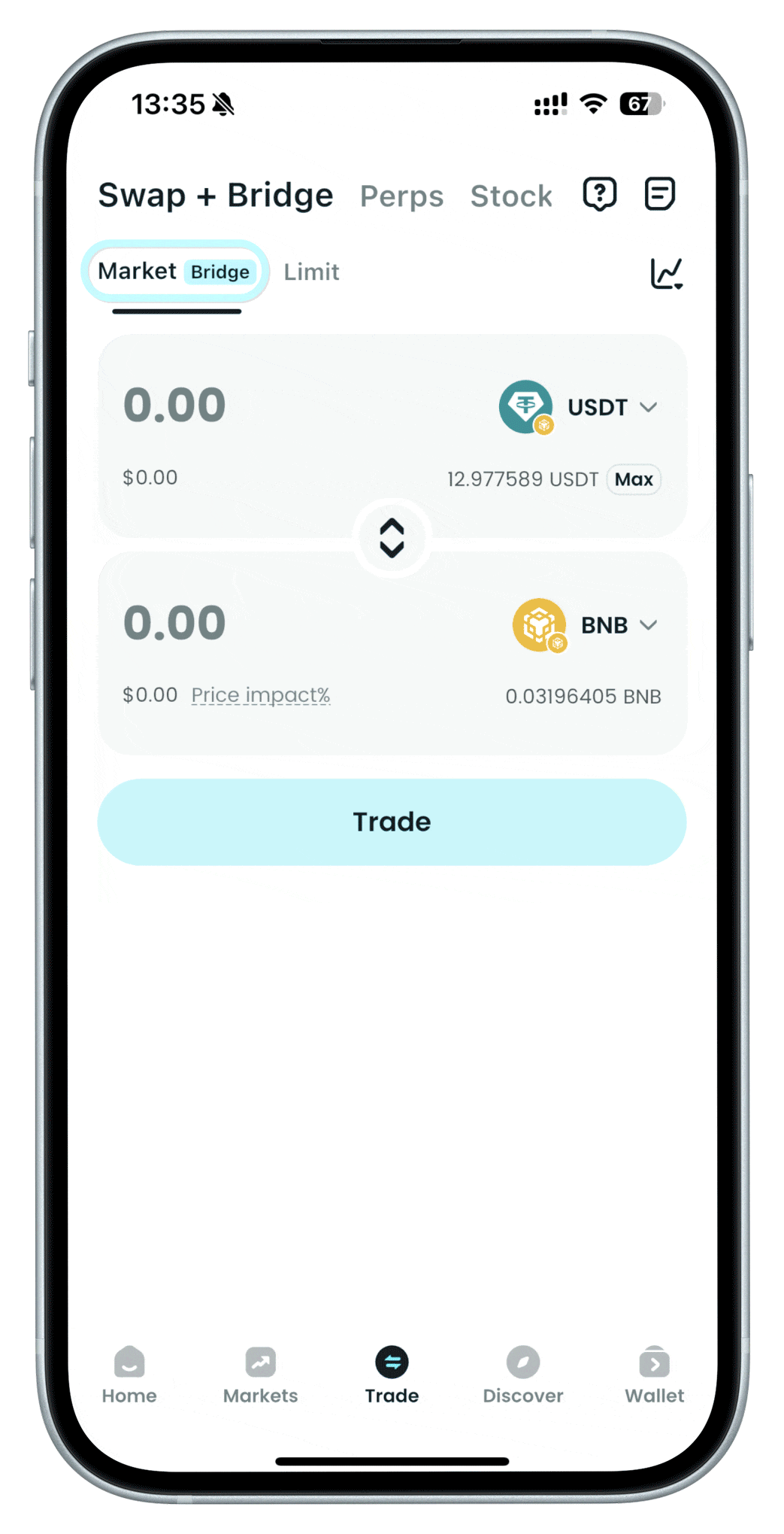 Alterne para iniciar uma ordem a mercado ou limitada.