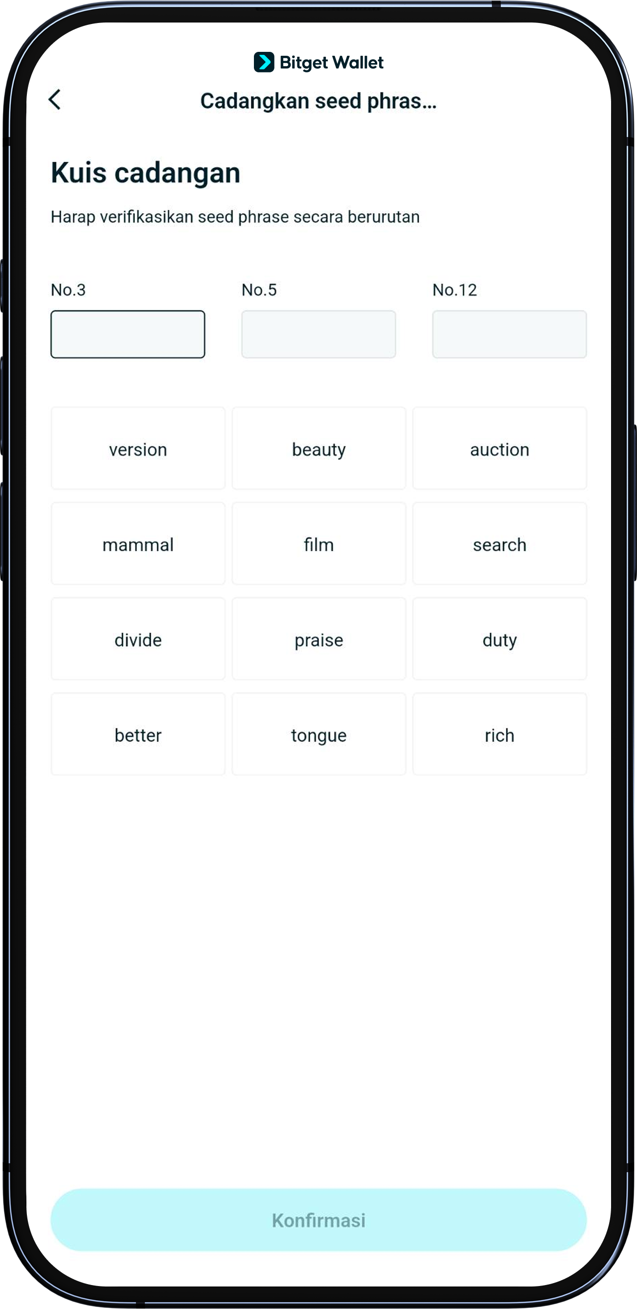 Konfirmasikan urutan yang benar dari seed phrase kamu
